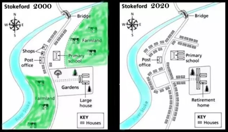 The maps beneath show the town of Stokeford in 2000 and 2020